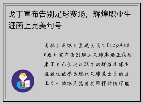 戈丁宣布告别足球赛场，辉煌职业生涯画上完美句号