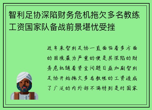 智利足协深陷财务危机拖欠多名教练工资国家队备战前景堪忧受挫 智利足协深陷财务危机拖欠多名教练工资国家队备战前景堪忧受挫